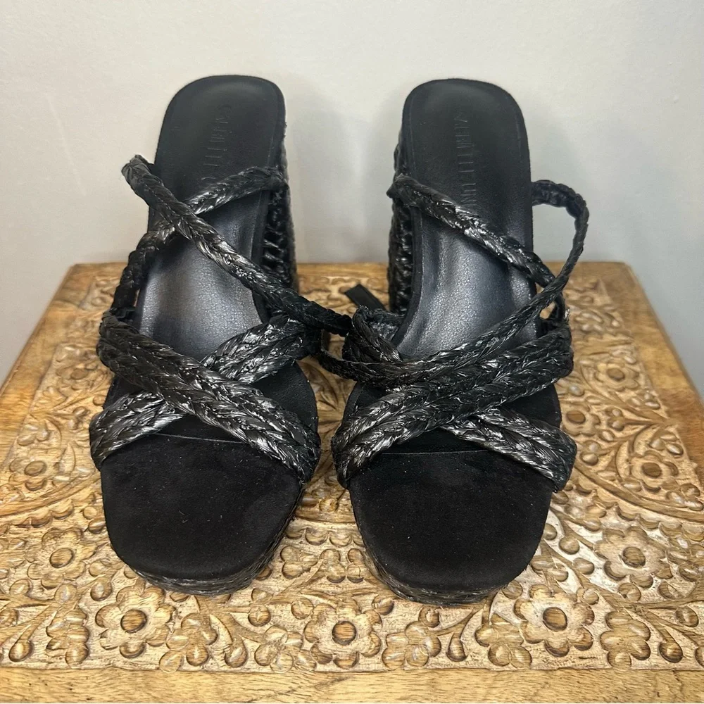 Woven Platform Sandals with Block Heel in Black